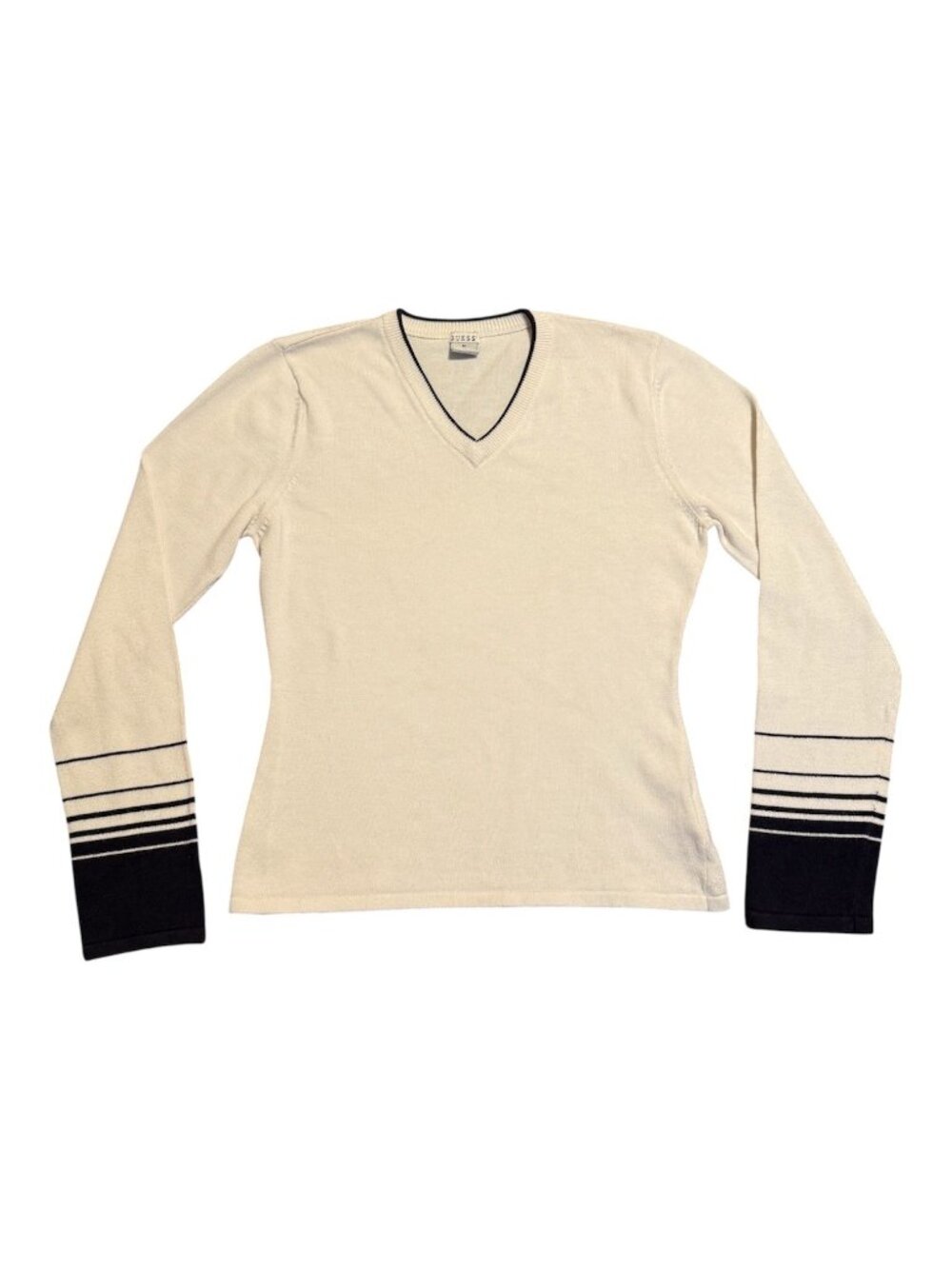 Guess Women's Long Sleeve V Neck Sweater Sz: M White Black Made in Hong Kong